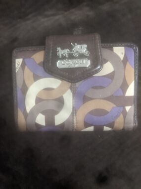 Coach Multicolor Circle Print Bifold Wallet in Purple, Brown and Cream